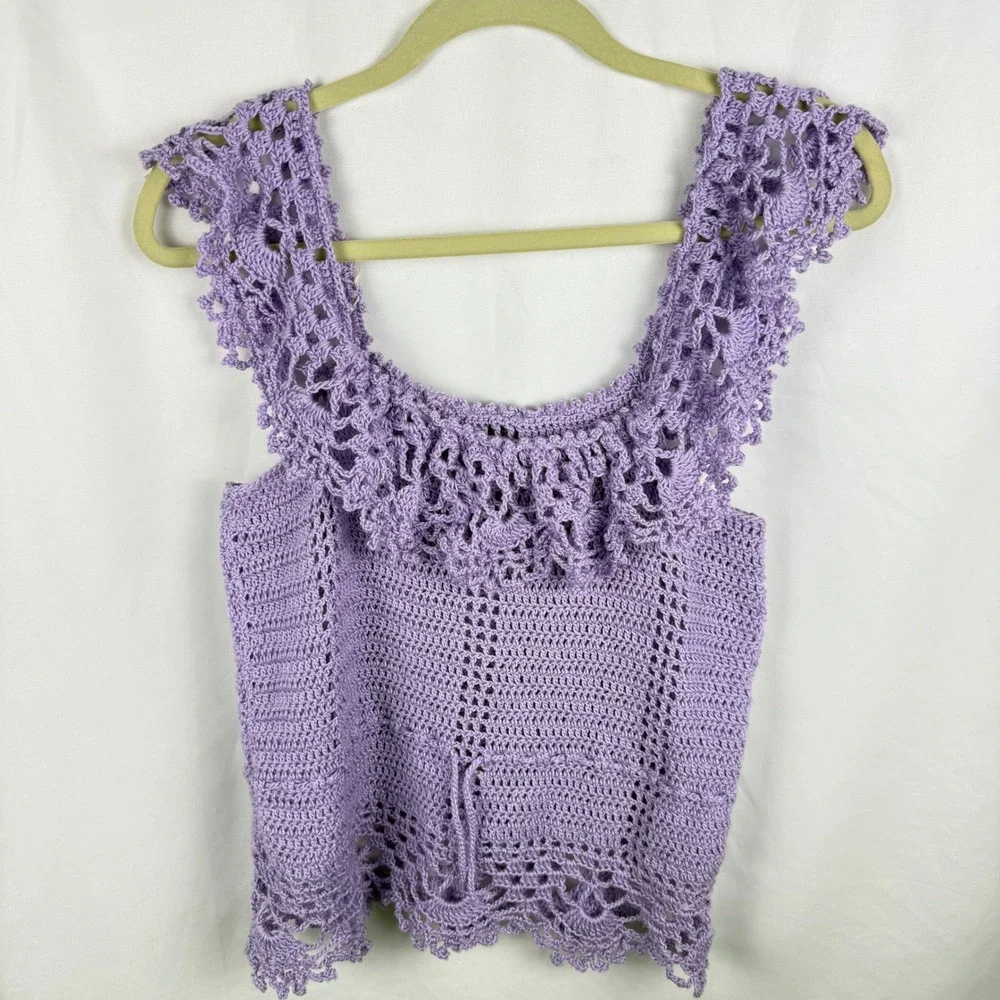 Vintage Handmade Crocheted Lavender Sleeveless Sweater Boho Cottagecore Festival